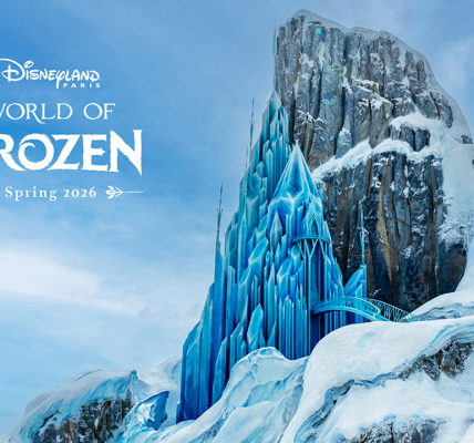 World of frozen announcement poster featurning elsas castle atop the north mountain